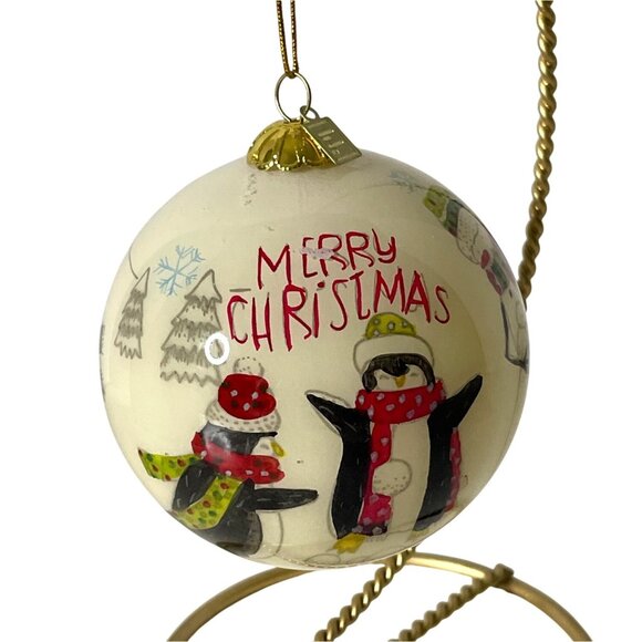 Pier 1 Li Bien 2019 Hand-Painted Glass Ornament with Penguins Snowball Play - Picture 1 of 8